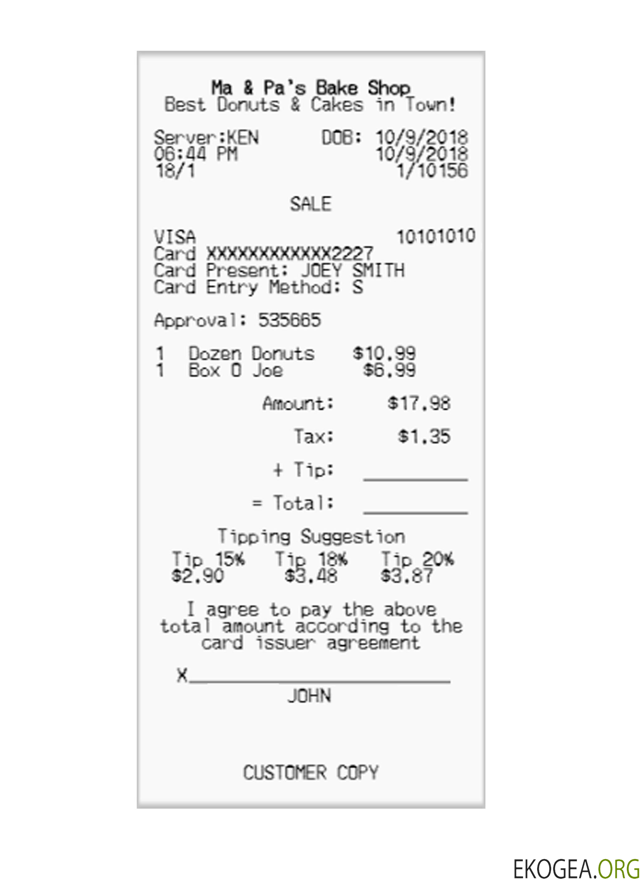 MA & PA'S BAKE SHOP reçu